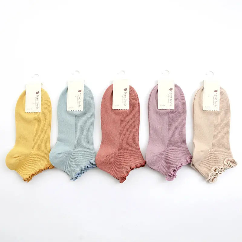 Women's Double Needle Solid Color Cotton Short Ankle Socks Angel Wishes