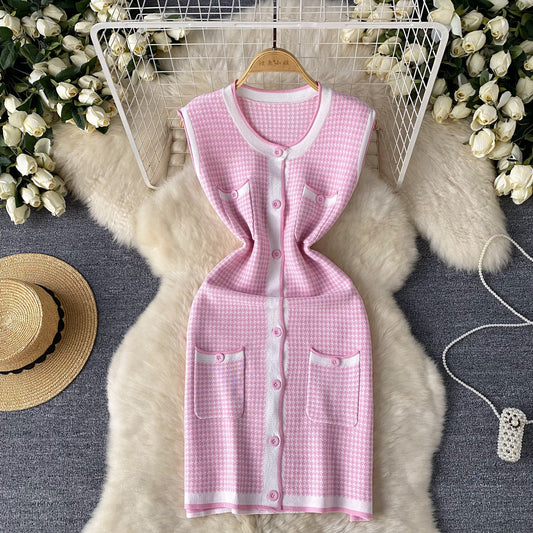 Light Luxury Gold Style Sleeveless Plaid Knitted Dress Angel Wishes