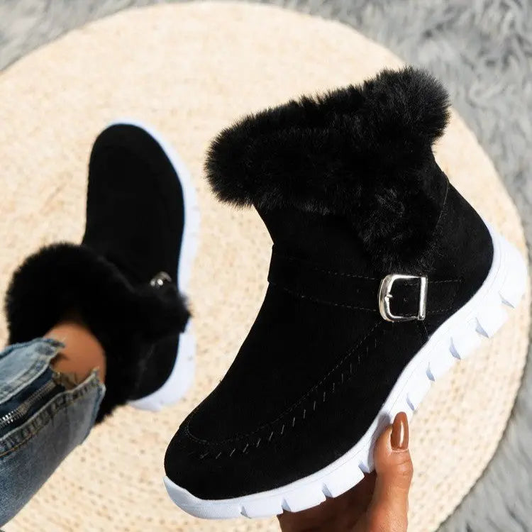 New Snow Boots Winter Warm Thickened Solid Color Plush Ankle Boots With Buckle Design Plus Velvet Flat Shoes For Women Angel Wishes