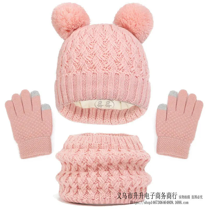 Children's Autumn And Winter Fleece-lined Thickened Double Ball Hat Scarf Gloves Three-piece Set Angel Wishes