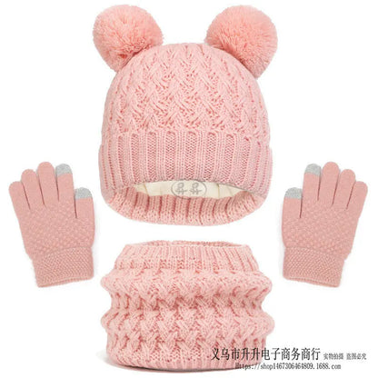 Children's Autumn And Winter Fleece-lined Thickened Double Ball Hat Scarf Gloves Three-piece Set Angel Wishes