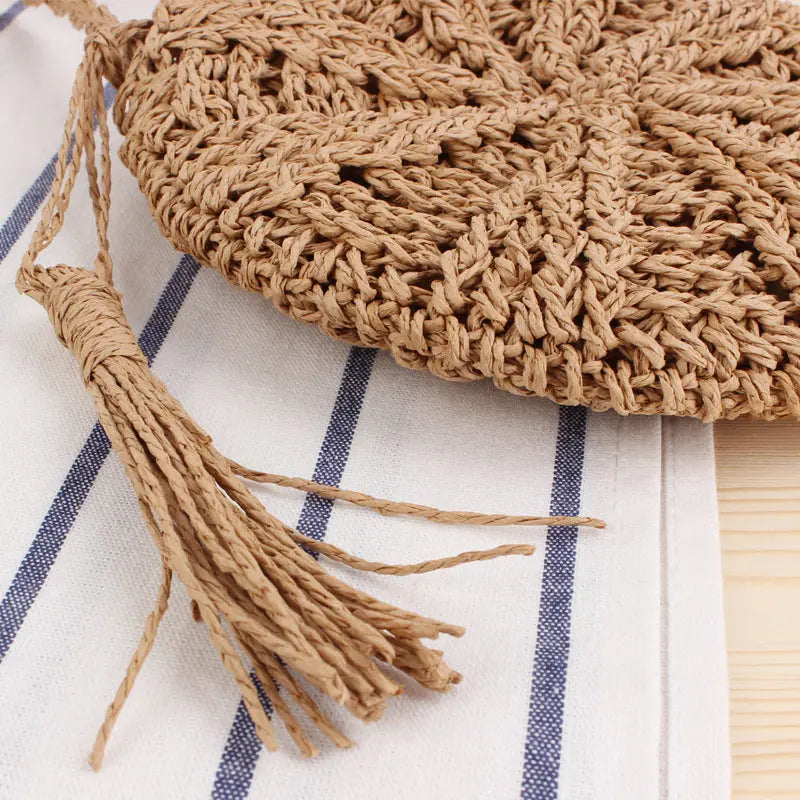 Simple round tassel women's crossbody straw woven bag Angel Wishes