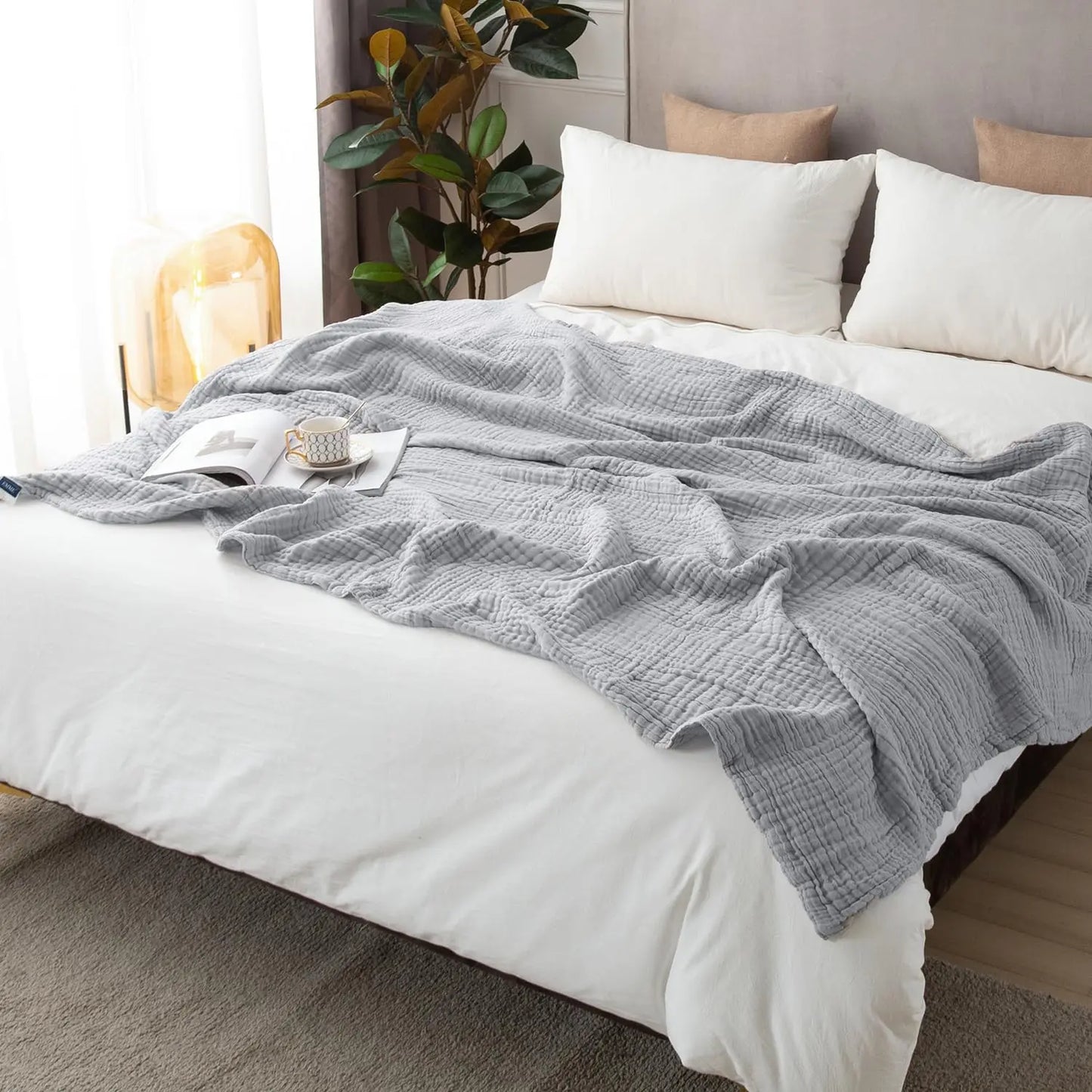 EMME Cotton Throw Blanket 100% Muslin Soft Blanket for Couch 4-Layer Breathable Gauze All Season Soft and Lightweight Pre-Washed Cotton Blanket(White, 140 x 190cm) Angel Wishes