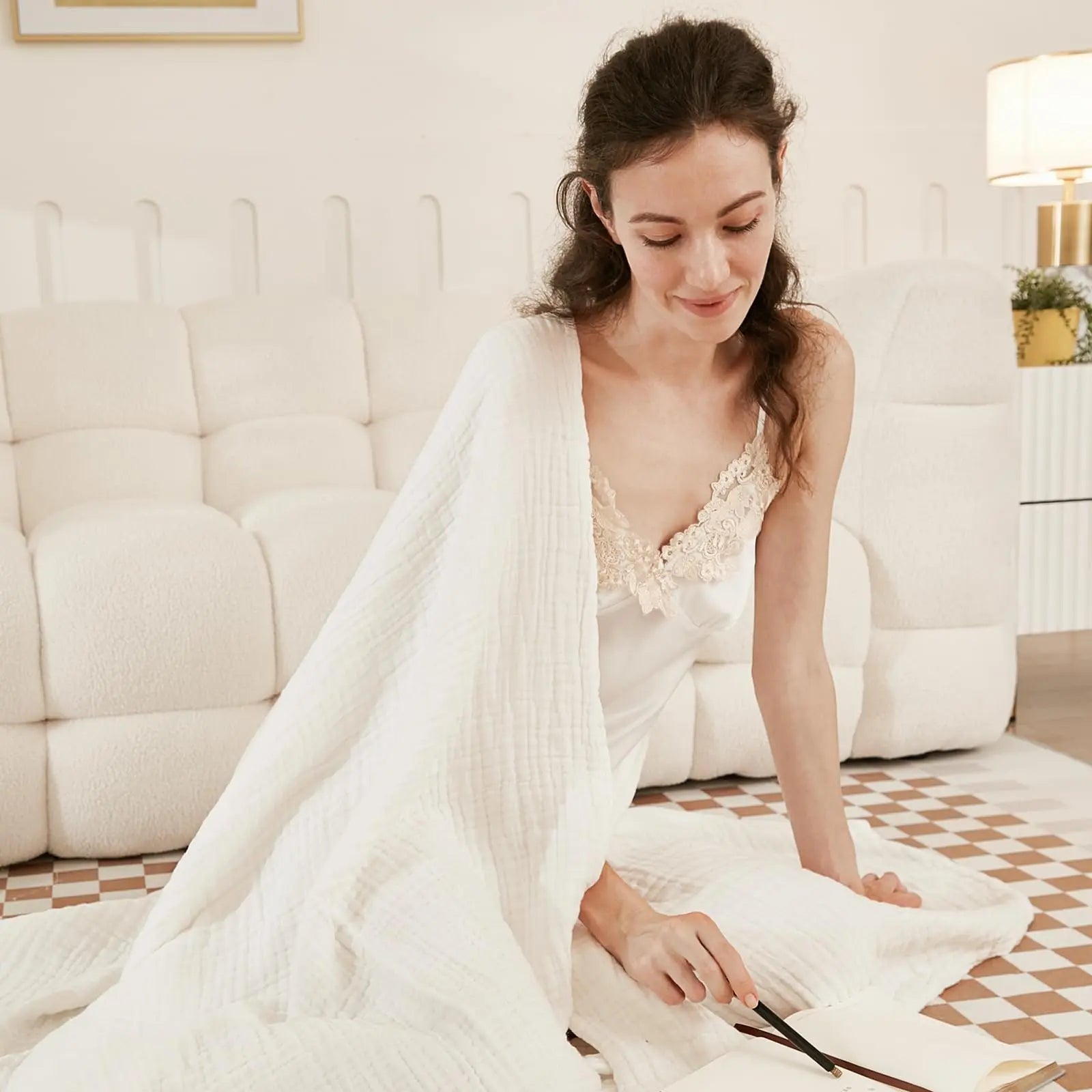 EMME Cotton Throw Blanket 100% Muslin Soft Blanket for Couch 4-Layer Breathable Gauze All Season Soft and Lightweight Pre-Washed Cotton Blanket(White, 140 x 190cm) Angel Wishes