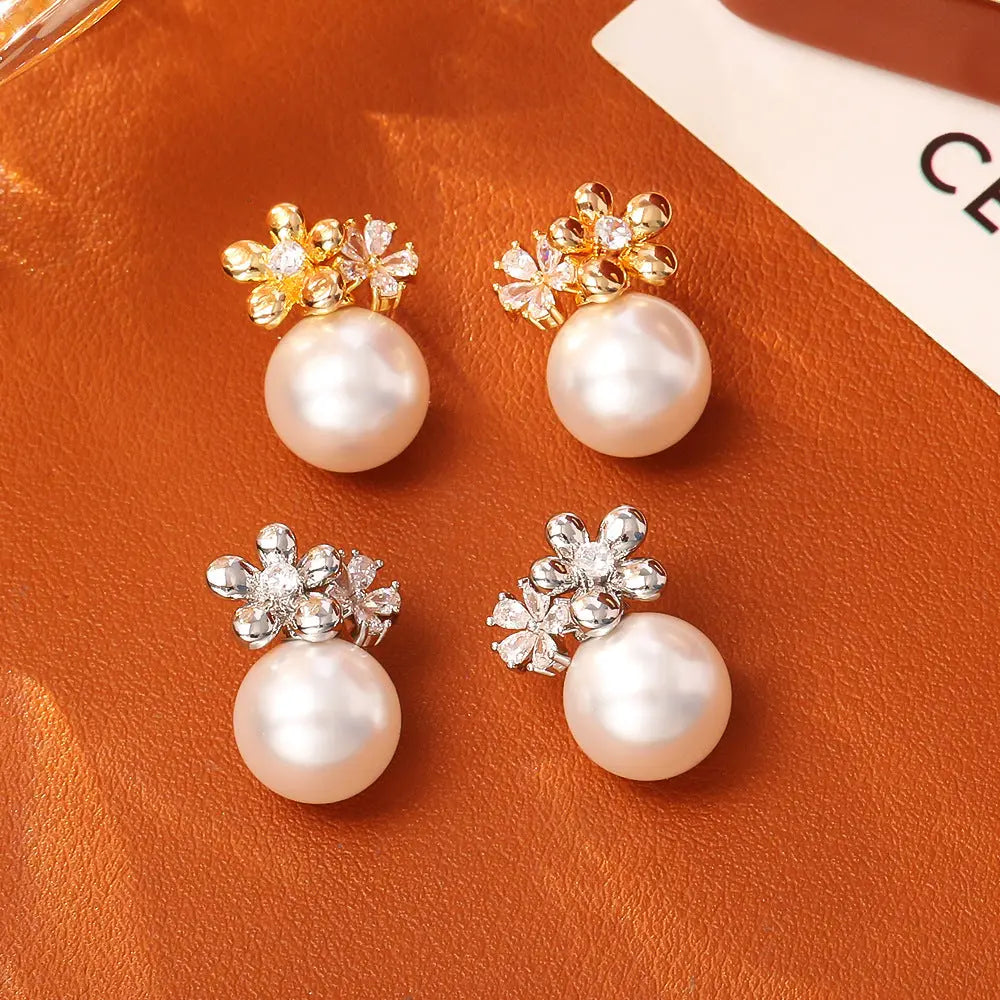 Flower Inlaid Zirconium Pearl Stud Earrings Fashion Exquisite And Versatile Angel Wishes