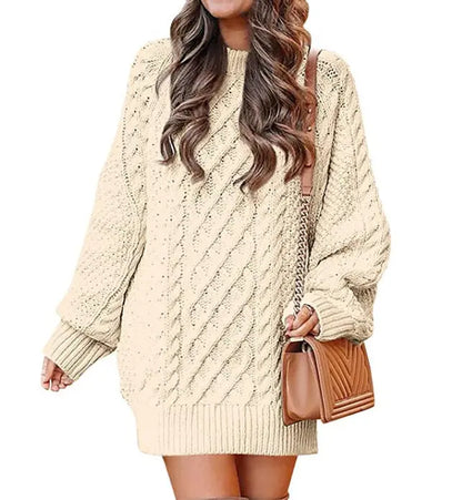 Women's Round Neck Long Sleeve Twisted Knitted Mid-length Dress Sweater Angel Wishes