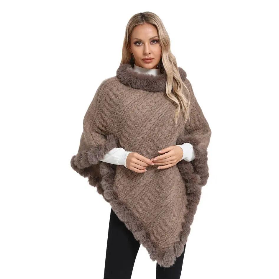 Fur Collar Oversized Knit Pullover Shawl Cloak Angel Wishes