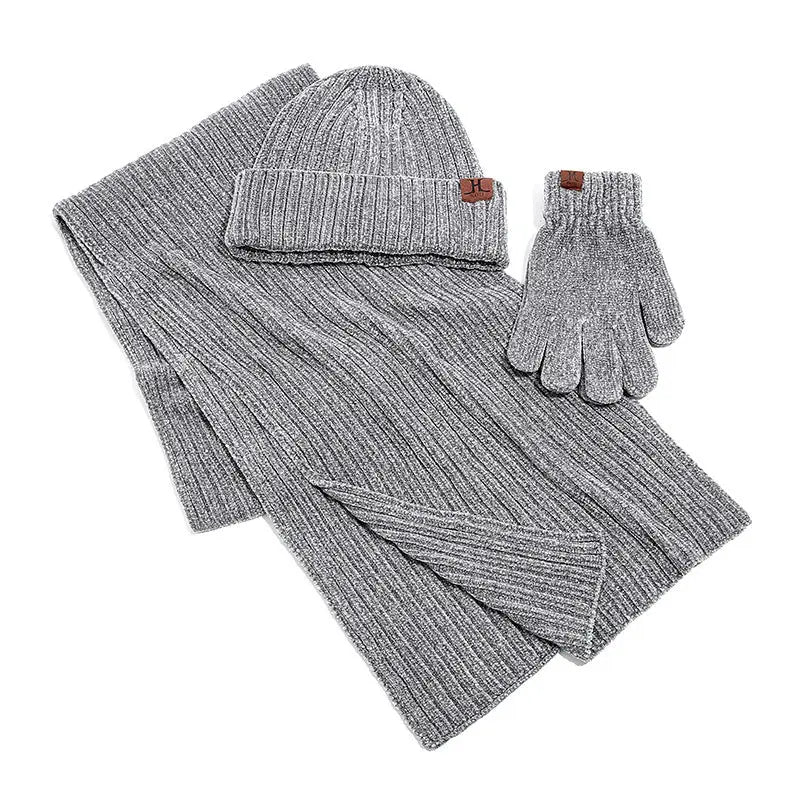 Three Piece Set Of Solid Color Ribbed Knitted Warm Scarf Hat And Gloves Angel Wishes