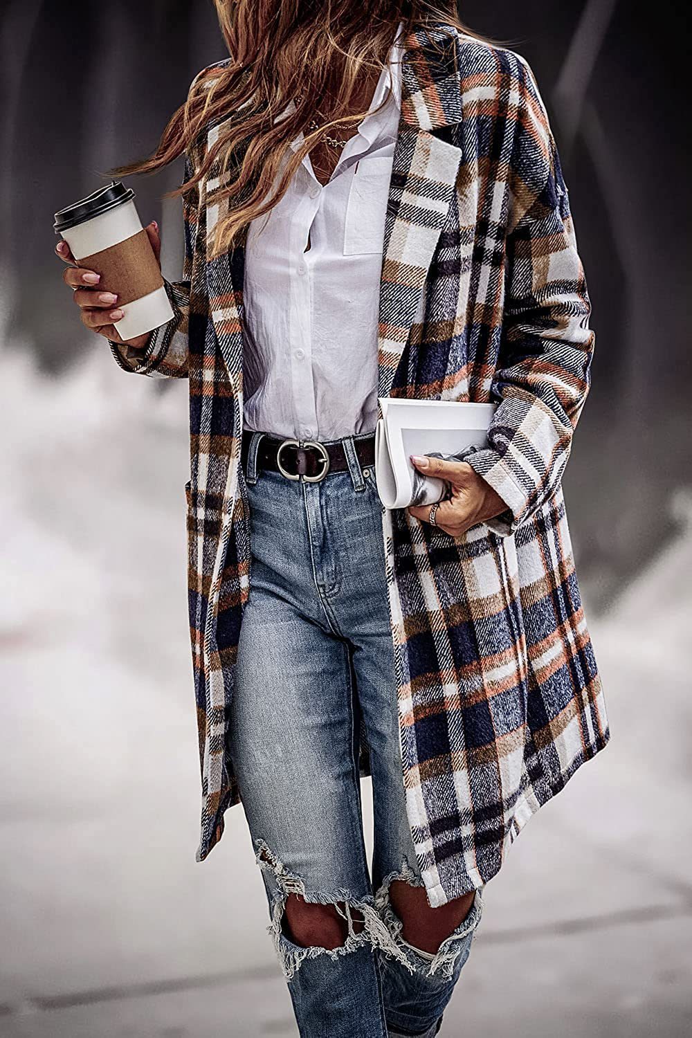 Fashion Wool Plaid Long Jacket Angel Wishes