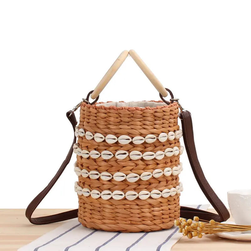 Women's Fashion Casual Natural Shell Bucket Woven Bag Angel Wishes