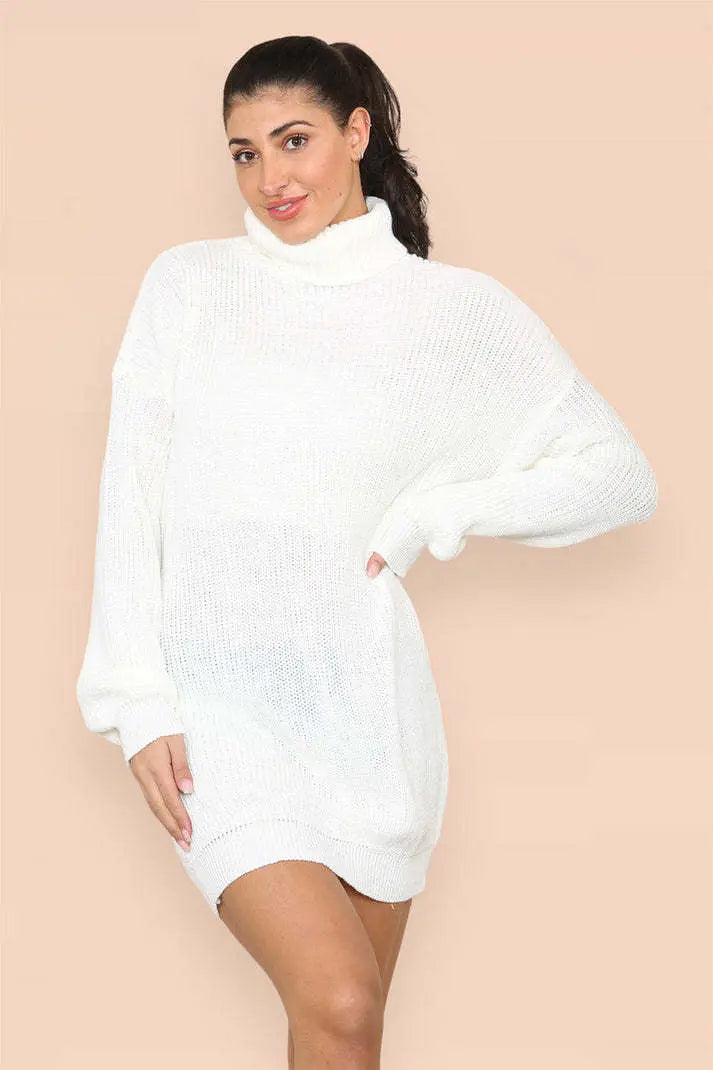 Polo Roll Neck Over Sized Ribbed Knitted Florescent Chunky Sweater Jumper Dress Angel Wishes