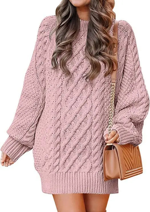 Women's Round Neck Long Sleeve Twisted Knitted Mid-length Dress Sweater Angel Wishes