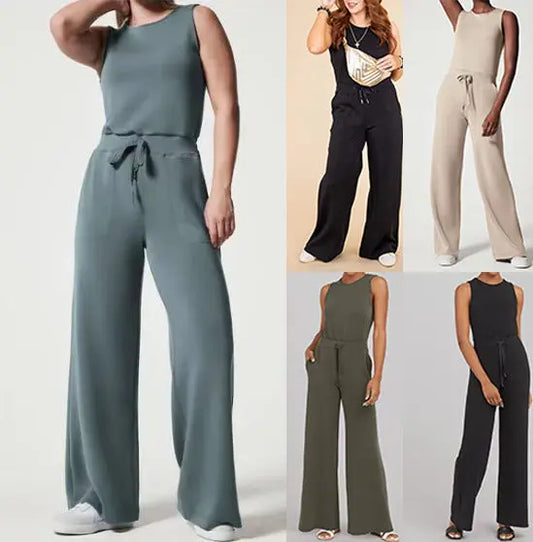 Solid Color Jumpsuit Sleeveless Tops Tie Elastic Pants Romper Angel Wishes