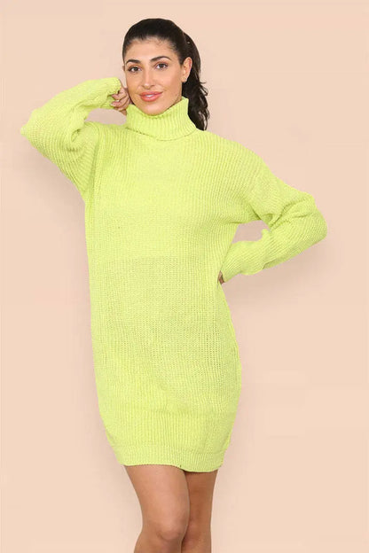 Polo Roll Neck Over Sized Ribbed Knitted Florescent Chunky Sweater Jumper Dress Angel Wishes