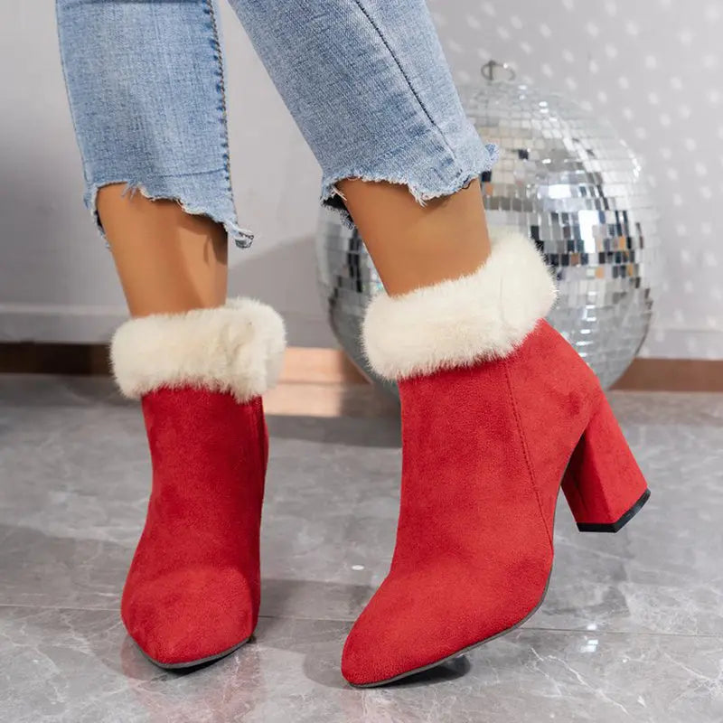 New Plaid Print Plush Ankle Boots Winter Fashoin Square Heel Suede Boots Women Casual Versatile Shoes Autumn And Winter Angel Wishes