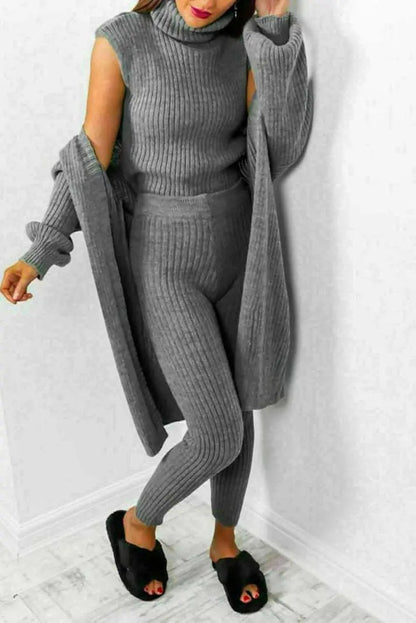 Ladies 3 Piece Knitted Suit Roll Neck Chunky Knitted Ribbed Tracksuit Lounge Set Angel Wishes