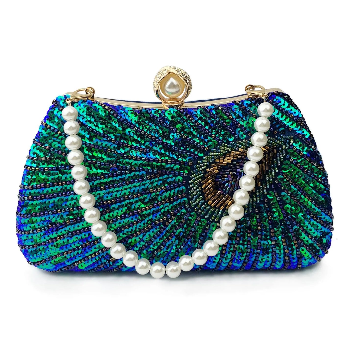 Beaded Peacock Feather Pearl Rhinestone Clutch Bag Angel Wishes