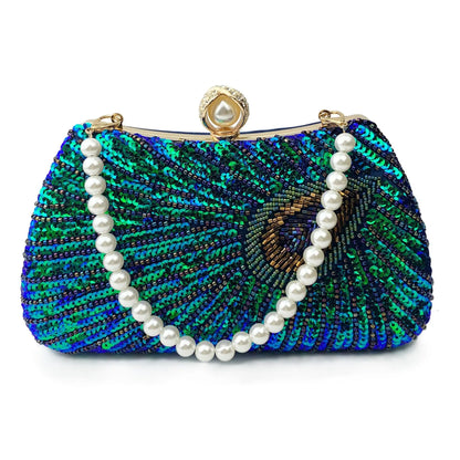 Beaded Peacock Feather Pearl Rhinestone Clutch Bag Angel Wishes