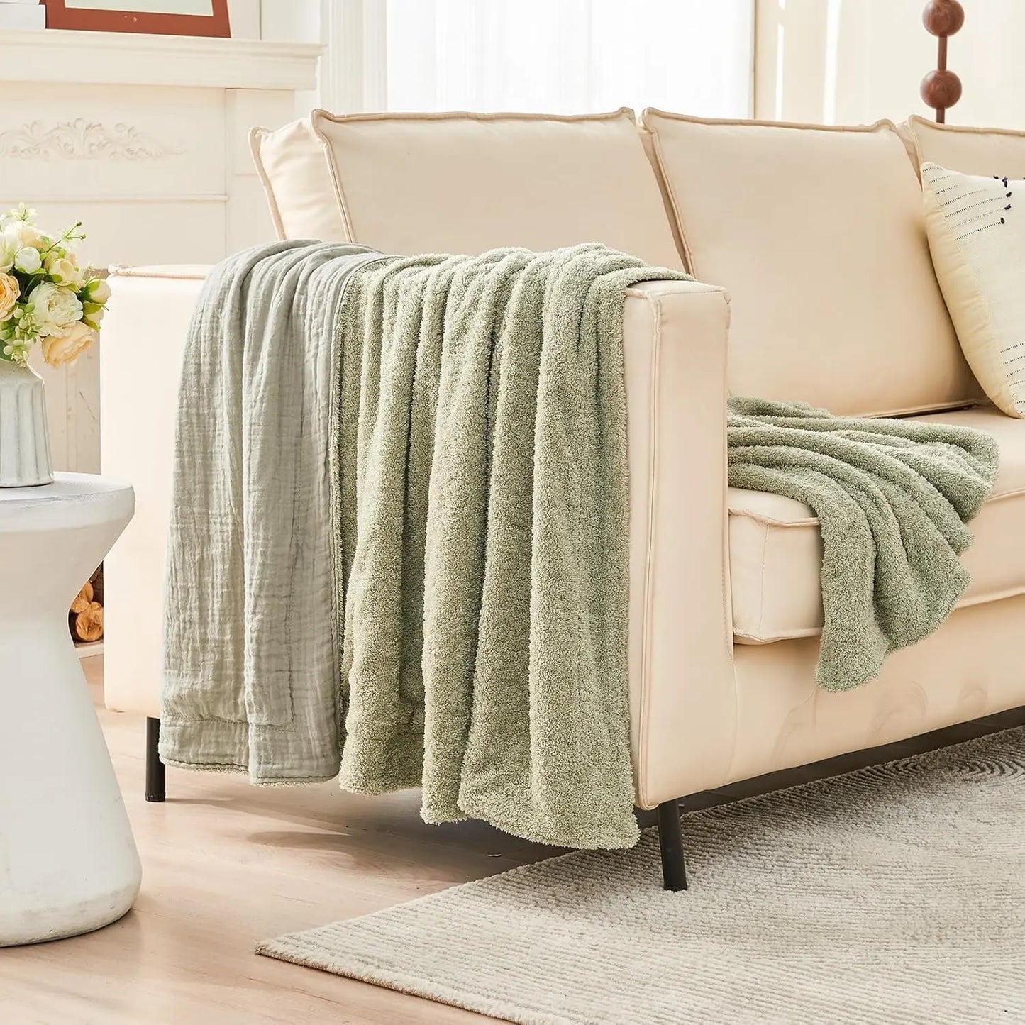 EMME Cotton Throw Blanket 100% Muslin Soft Blanket for Couch 4-Layer Breathable Gauze All Season Soft and Lightweight Pre-Washed Cotton Blanket(White, 140 x 190cm) Angel Wishes