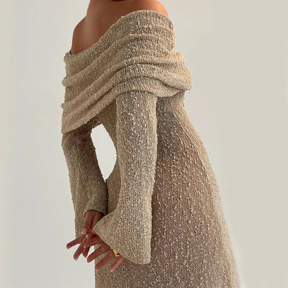 New One-shoulder Knitted Long-sleeved Dress Sexy Beach Holiday Long Dresses Womens Clothing Angel Wishes