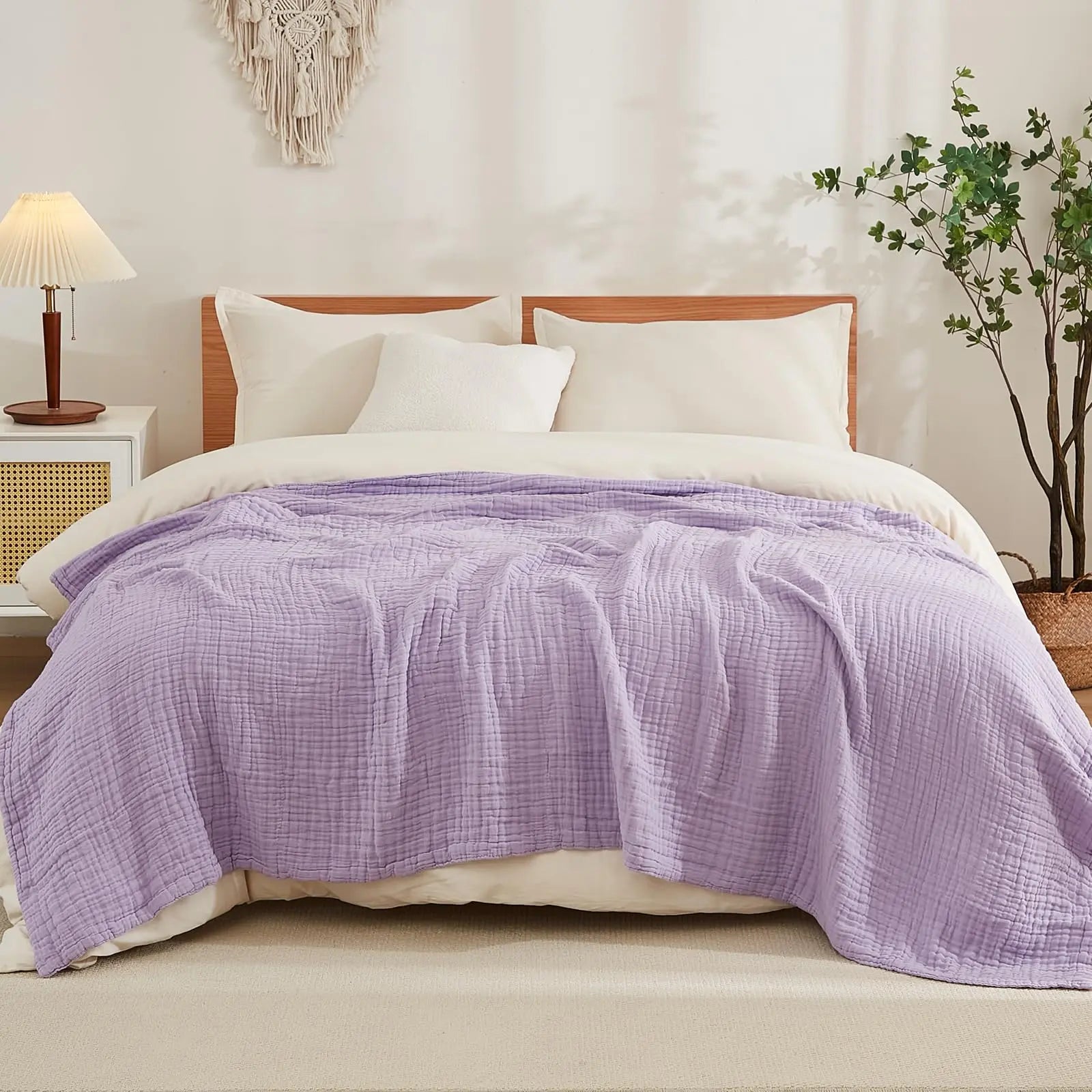 EMME Cotton Throw Blanket 100% Muslin Soft Blanket for Couch 4-Layer Breathable Gauze All Season Soft and Lightweight Pre-Washed Cotton Blanket(White, 140 x 190cm) Angel Wishes