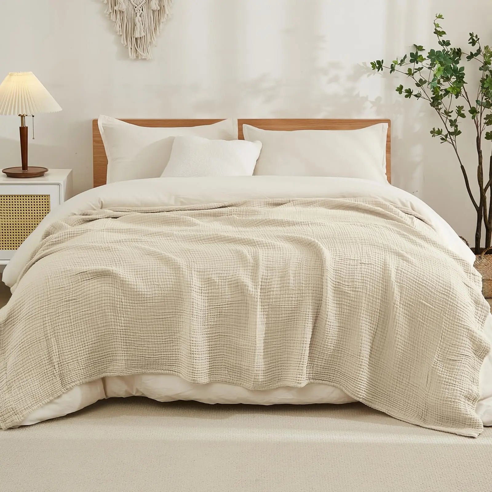 EMME Cotton Throw Blanket 100% Muslin Soft Blanket for Couch 4-Layer Breathable Gauze All Season Soft and Lightweight Pre-Washed Cotton Blanket(White, 140 x 190cm) Angel Wishes