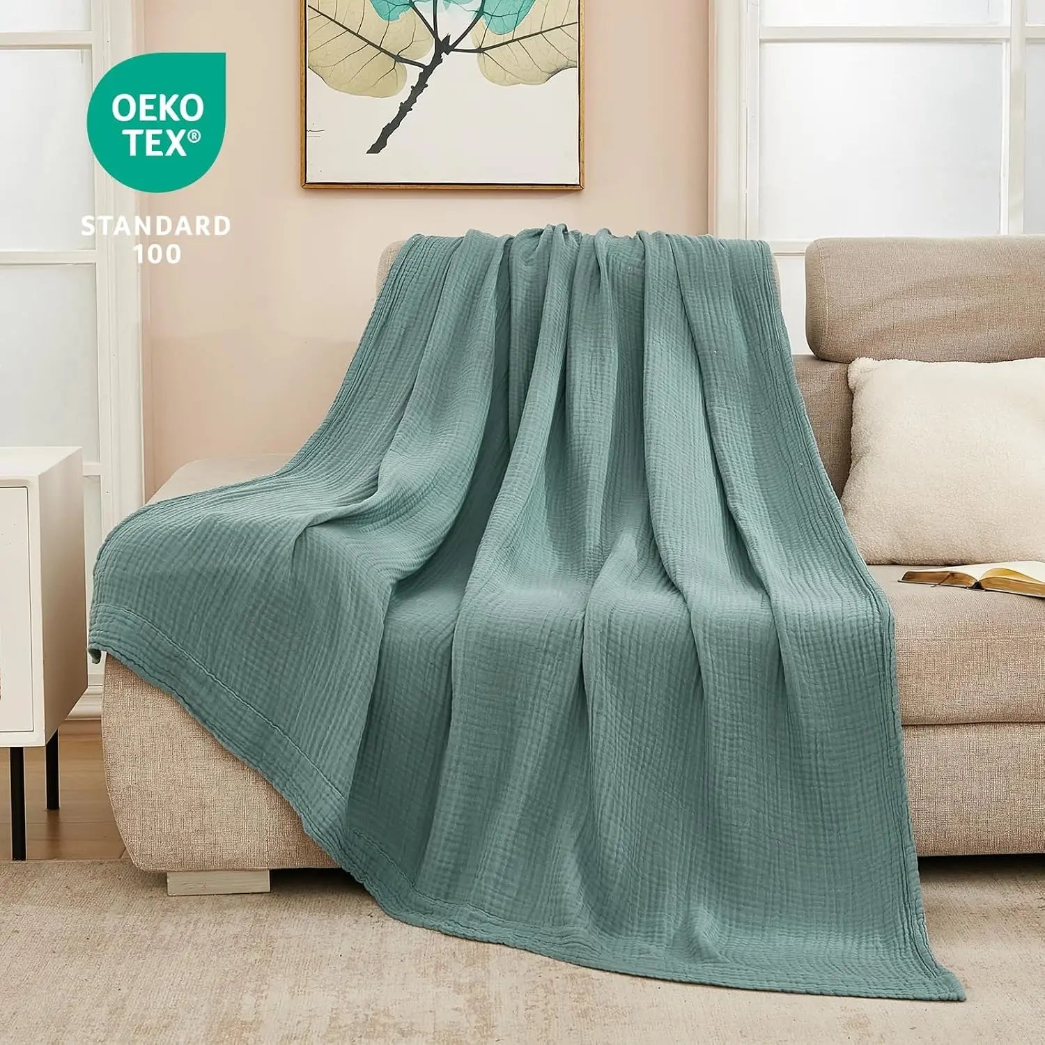 EMME Cotton Throw Blanket 100% Muslin Soft Blanket for Couch 4-Layer Breathable Gauze All Season Soft and Lightweight Pre-Washed Cotton Blanket(White, 140 x 190cm) Angel Wishes