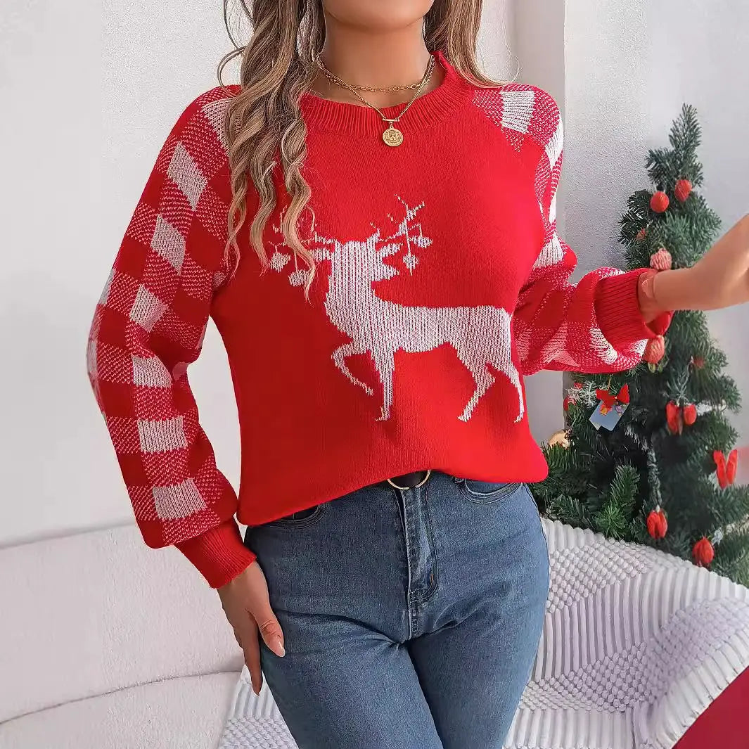 Christmas Women's Casual Plaid Deer Long Sleeve Pullover Sweater Angel Wishes