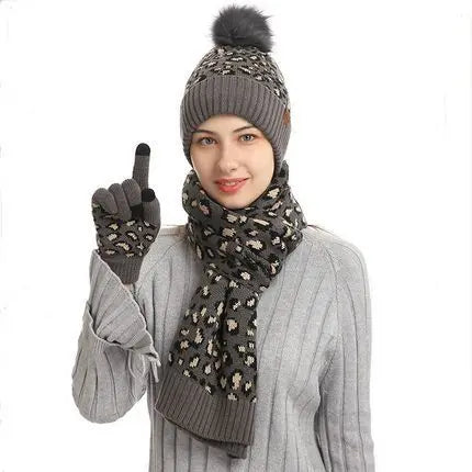 Winter Leopard Print Warm Knitted Wool Hat Scarf Gloves Three Piece Set Angel Wishes