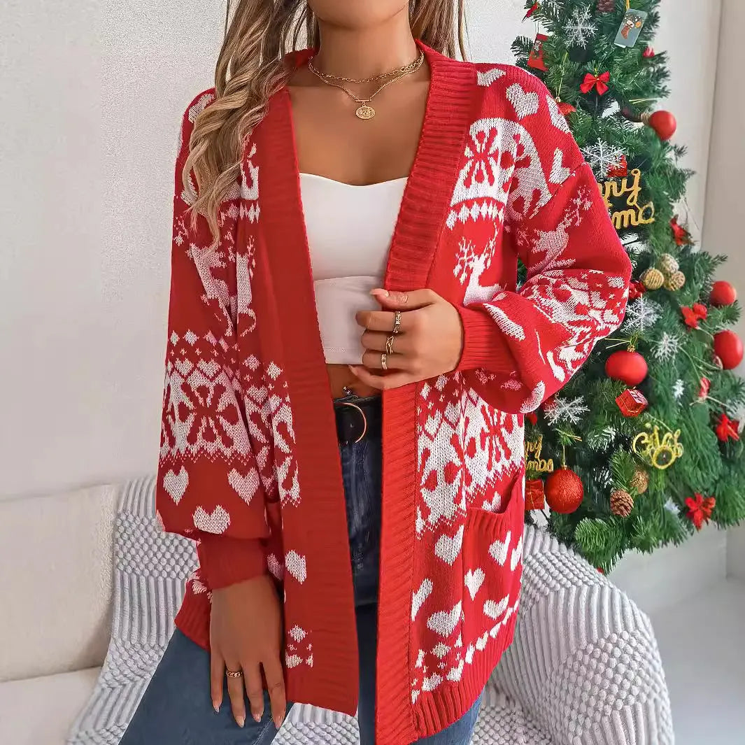 Christmas Deer Pocket Long-sleeve Cardigan Sweater Coat Angel Wishes