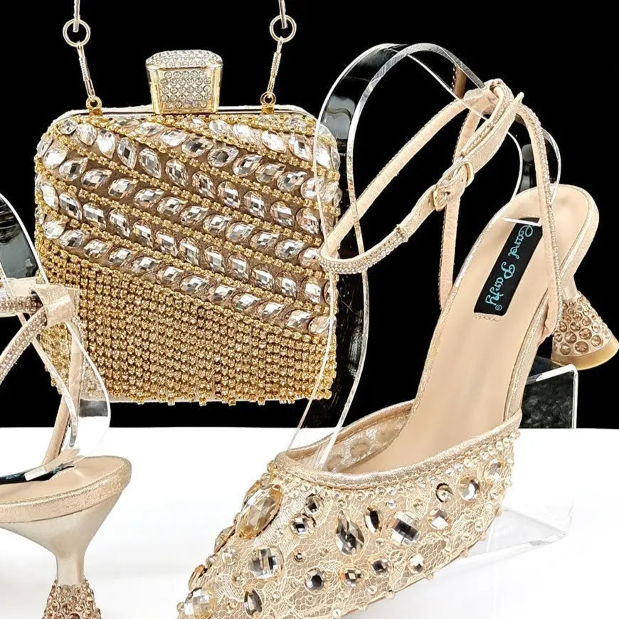 Large Rhinestone High Heel Sandals Three-dimensional Tassel Handbag Set Angel Wishes