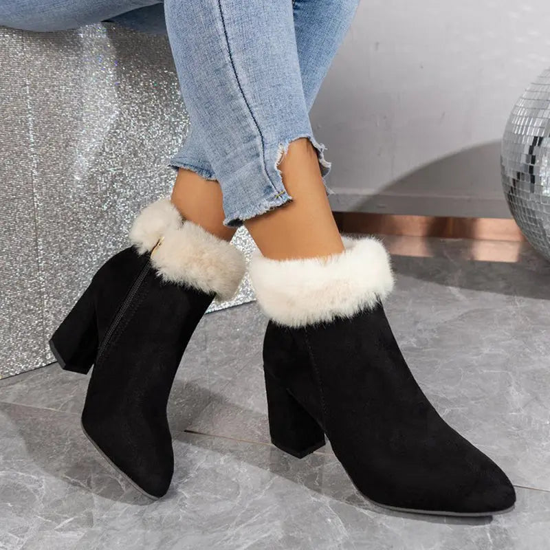 New Plaid Print Plush Ankle Boots Winter Fashoin Square Heel Suede Boots Women Casual Versatile Shoes Autumn And Winter Angel Wishes