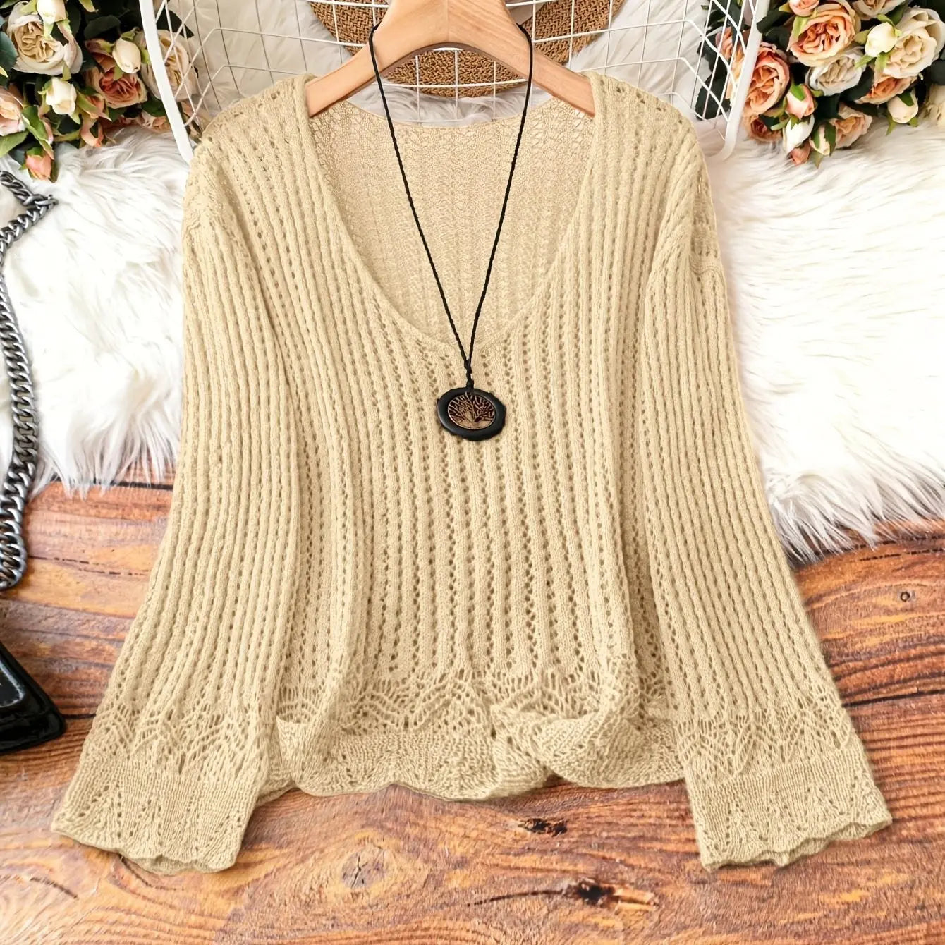 Hollow-out Spring And Summer Long Sleeves Knitted V-neck Plus Size Women's Long-sleeved Sweater Angel Wishes