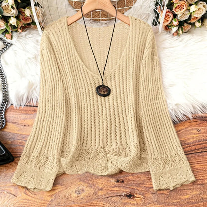 Hollow-out Spring And Summer Long Sleeves Knitted V-neck Plus Size Women's Long-sleeved Sweater Angel Wishes