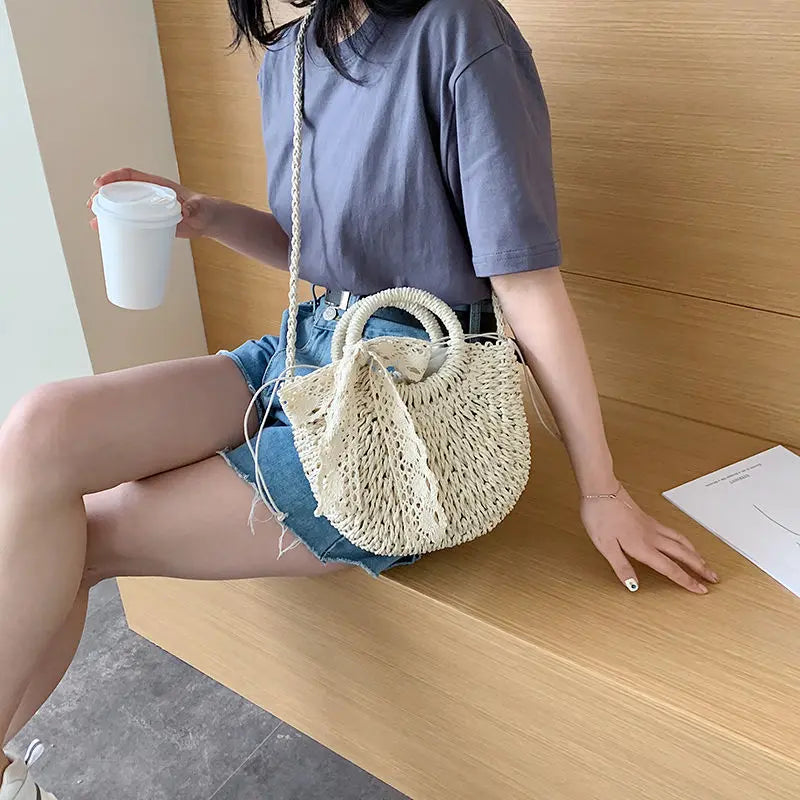 Small bag female new wild net red woven bag western style lace ribbon straw bag handbag summer Angel Wishes