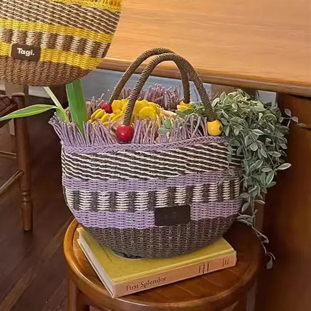 Picnic Basket Tassel Wooden Bead Decorative Cute Handbag Hand Woven Angel Wishes