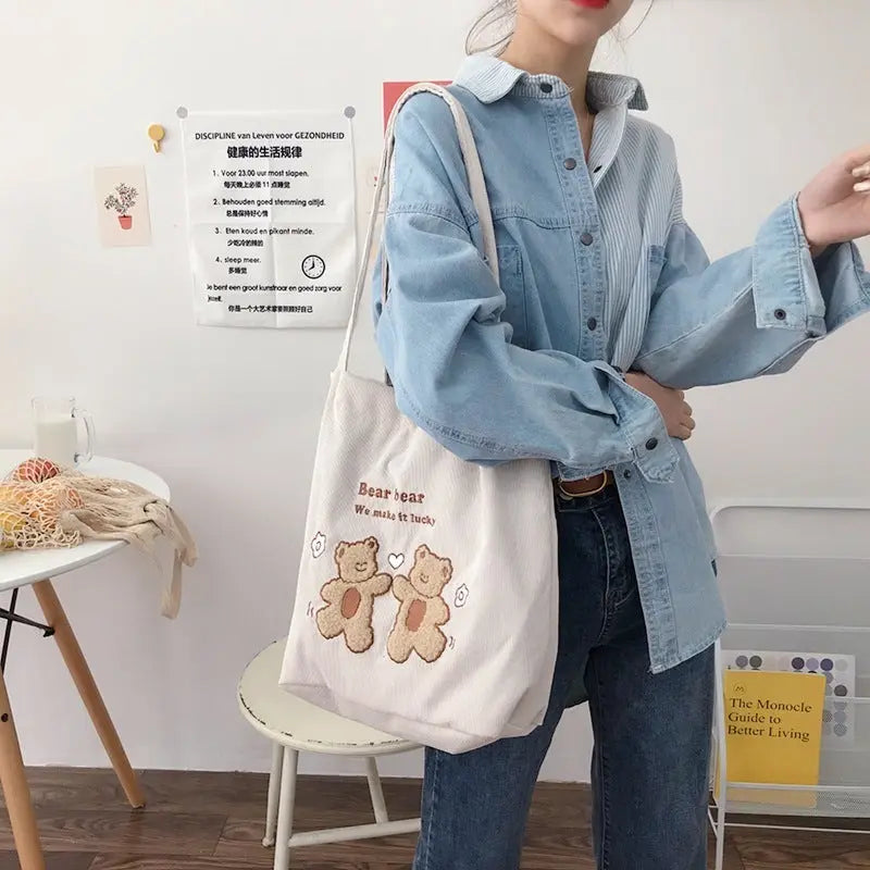 Women Corduroy Shoulder Bag Lucky Bears Embroidery Striped Canvas Handbag Eco Cloth Tote Cute Soft Shopping Bags For Ladies Angel Wishes