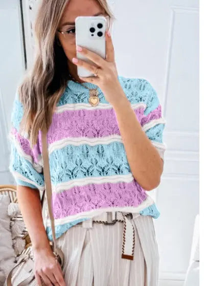 Purple Stripe Color Block Hollow Out Crochet Half Sleeve Sweater Angel Wishes