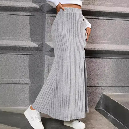 Women Knitted Dress Sunken Stripe Slit Fastener Decoration Sheath Skirt Angel Wishes
