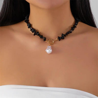 Fashion Black Natural Gravel Hand-knit Necklace Women Angel Wishes