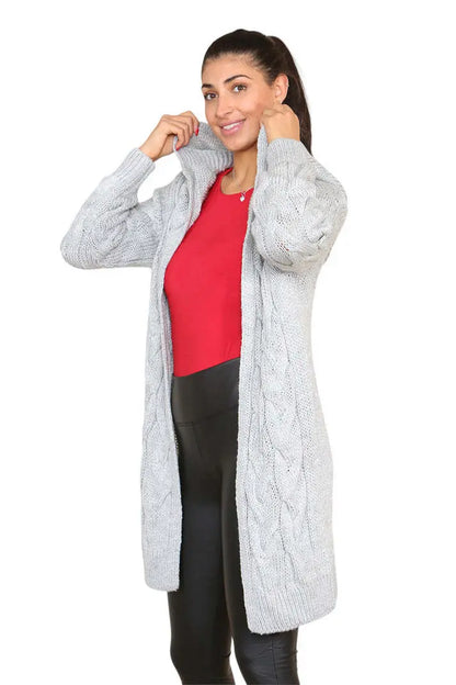 Knitted Cables Hooded Long Over Sized Cardigan Angel Wishes