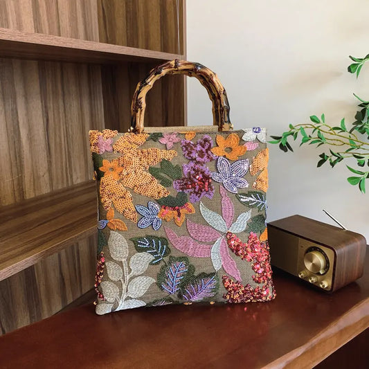 Colorful Sequins Vintage Embroidered Bamboo Handbag Angel Wishes