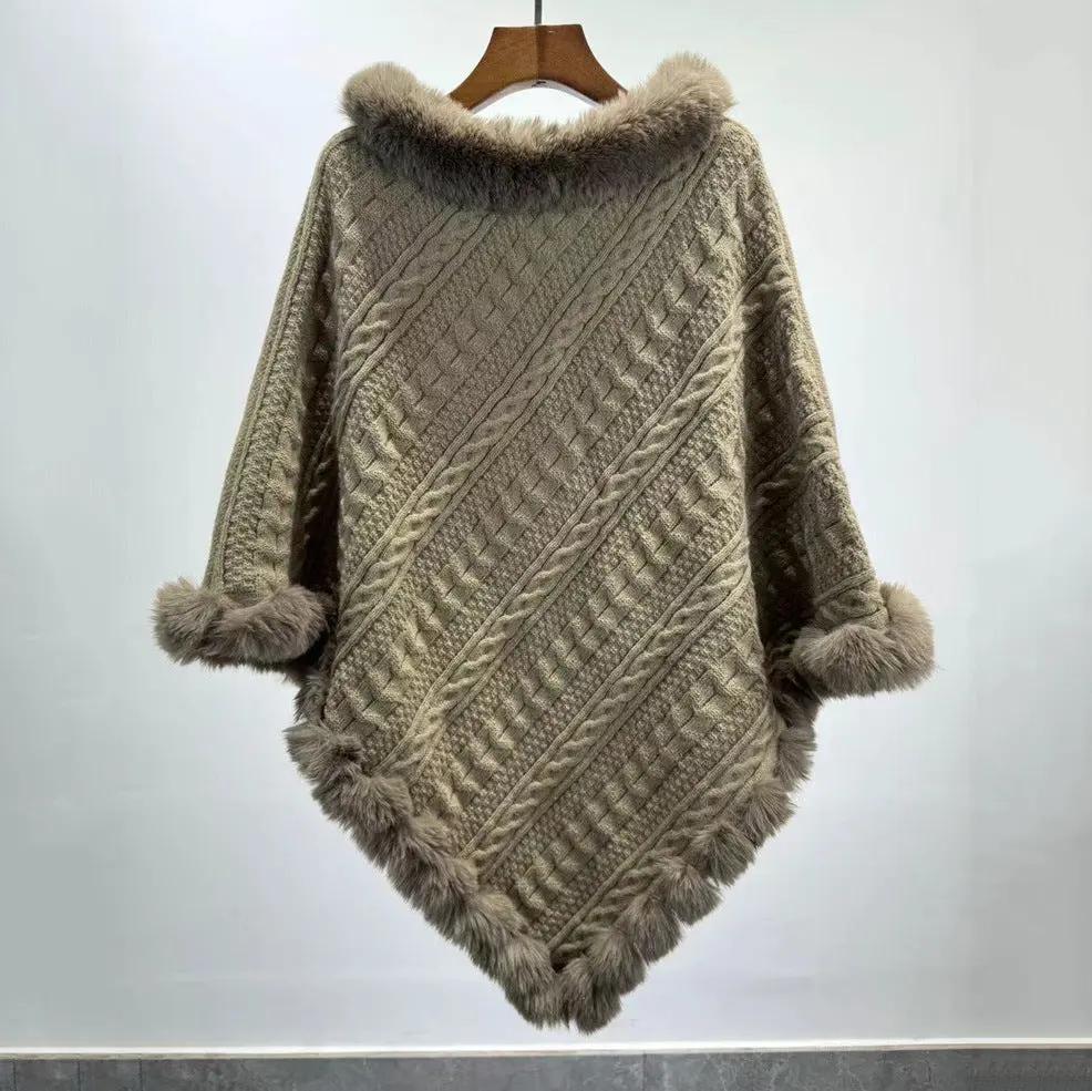 Fur Collar Oversized Knit Pullover Shawl Cloak Angel Wishes