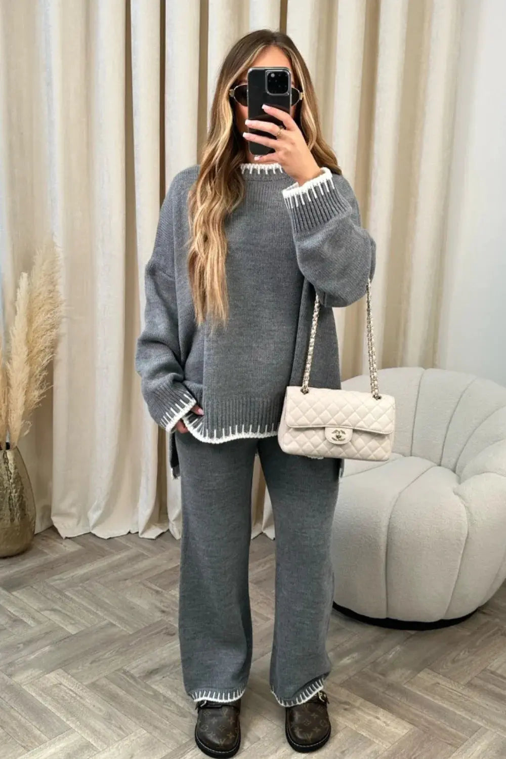 Women's Suit Fashion Pullover Split Long-sleeved Top And Loose Straight Pants Solid Color Two-piece Set Angel Wishes