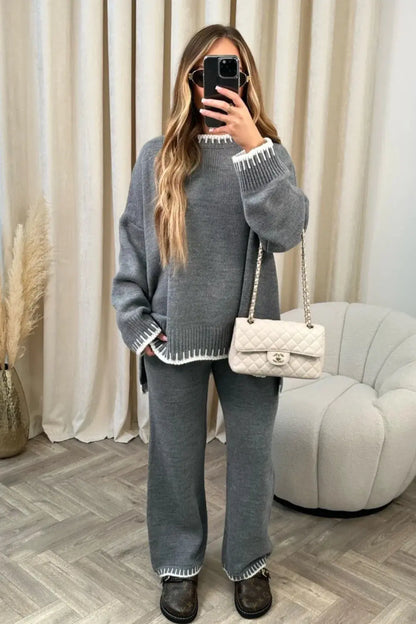 Women's Suit Fashion Pullover Split Long-sleeved Top And Loose Straight Pants Solid Color Two-piece Set Angel Wishes