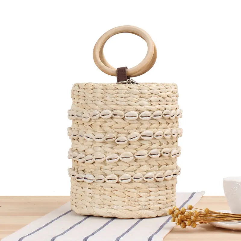 Women's Fashion Casual Natural Shell Bucket Woven Bag Angel Wishes