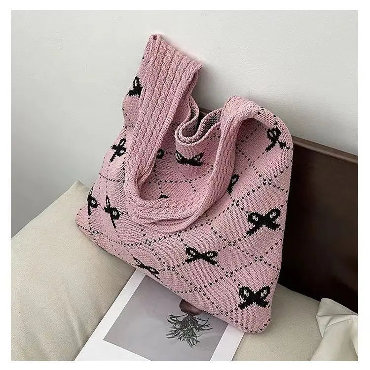 Bow High Sense Light Luxury Minority Shoulder Bag Casual Knitted Woven Bag Angel Wishes