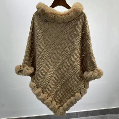 Fur Collar Oversized Knit Pullover Shawl Cloak Angel Wishes