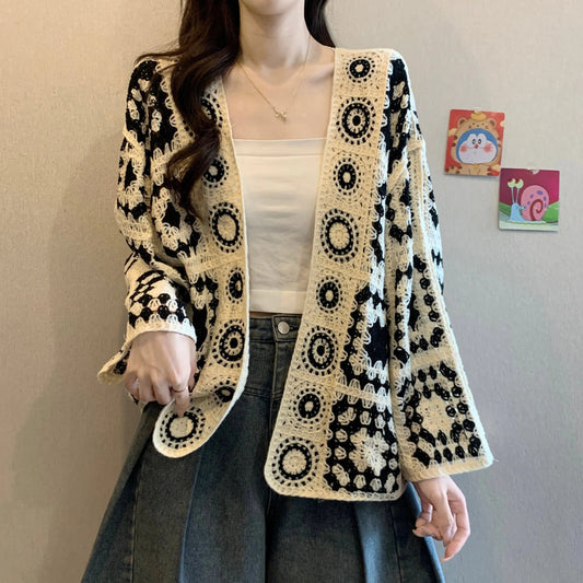 Crocheted Hollow-out Design Long-sleeved Knitted Cardigan Angel Wishes