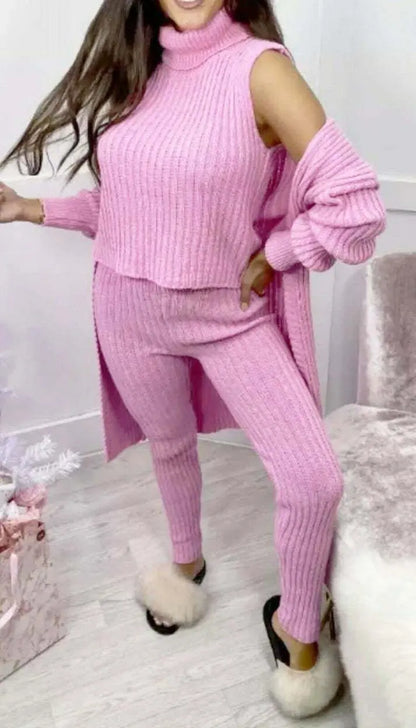 Ladies 3 Piece Knitted Suit Roll Neck Chunky Knitted Ribbed Tracksuit Lounge Set Angel Wishes